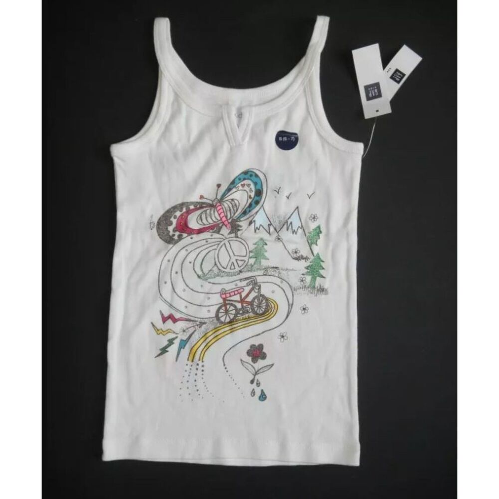 NEW Gap kids girls M 8 white nature camping hiking bike butterfly tank top shirt